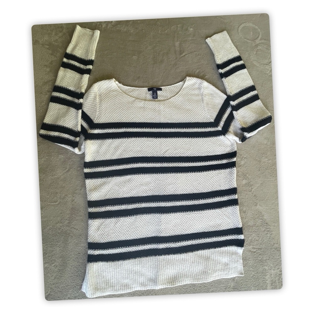 Gap Striped Knit Sweater Womens Medium White Black 3/4 Sleeve Pullover